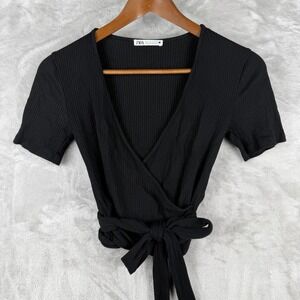 Black Faux Wrap Tie ZARA Ribbed Waist Cropped Short Sleeve Top Womens S